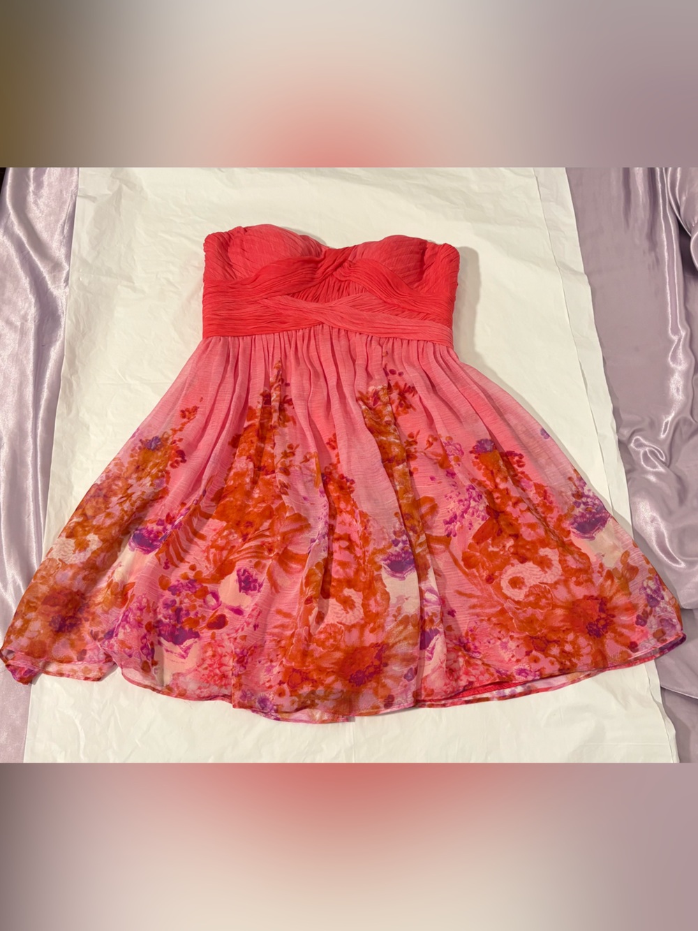 Aidan Mattox 100% Silk Pink Watercolor Strapless Mini Dress Size 4 Fairy Mermaid